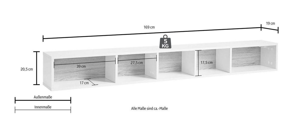 WANDREGAL Toledo weiß 169 / 19 / 20,5cm - Weiß, Holz/Holzwerkstoff (169/21/19cm) - Feldmann-Wohnen