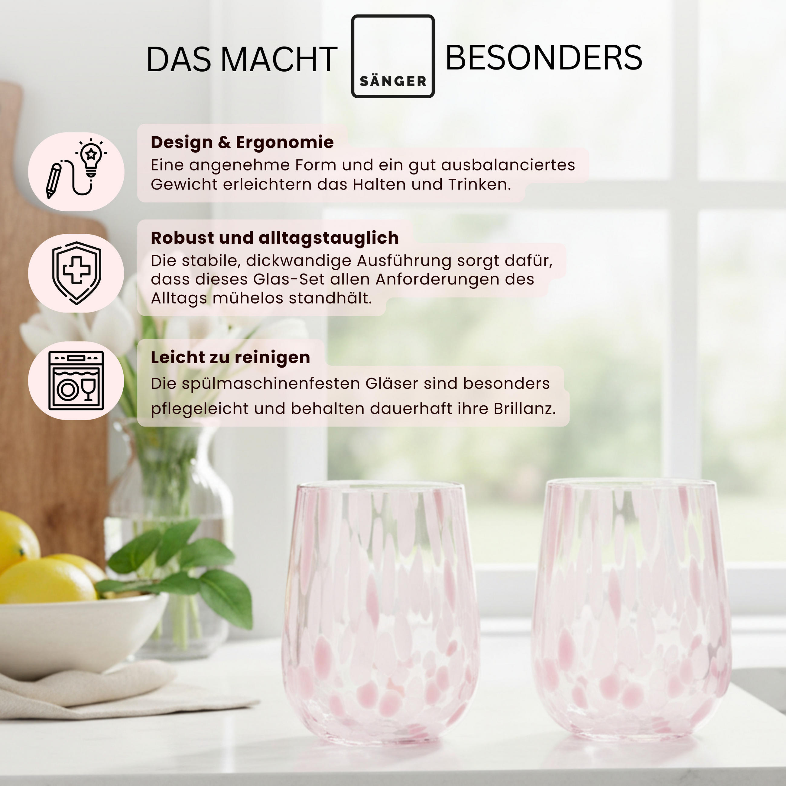 Thumbnail - Sänger Trinkgläser, Rosa, Weiß, Transparent, Glas, 0.32 L, Essen & Trinken, Gläser, Gläser-Sets