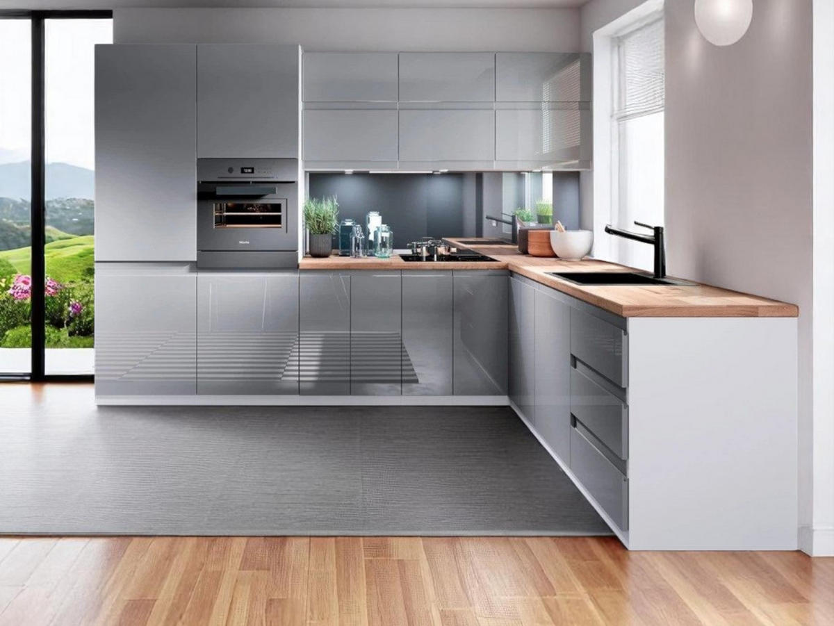 WINKELKÜCHE 300 x 210 cm - Aspen K31- M300 - in Grau/Hochglanz - Grau, Holz (340/212/210cm)