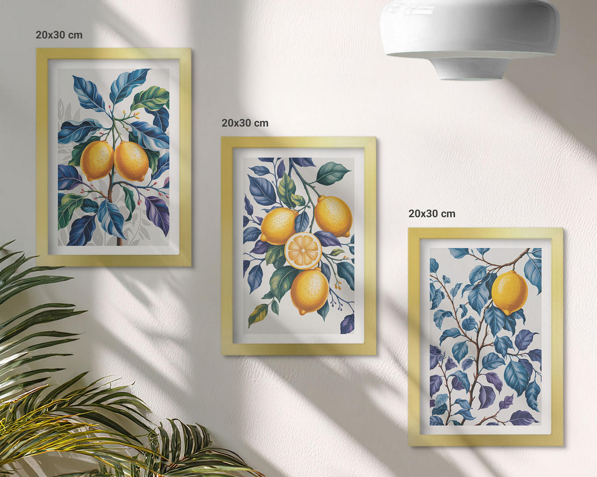 WANDBILDER 3er Set - 20x30 cm Goldrahmen - Zitronenzweige mit blauen Blättern - Goldfarben, Kunststoff (20/30cm) - ArtPrintCave