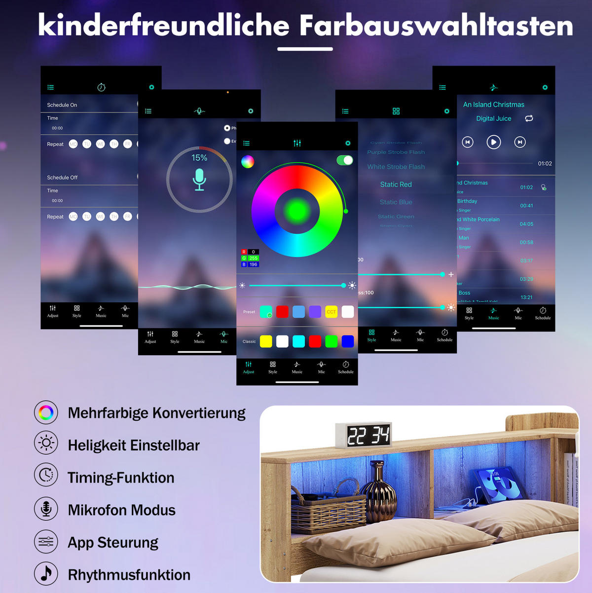 KINDERBETT 140/200 cm mit LED-Beleuchtung, USB- und Type-C-Anschluss, Schreibtisch und Stauraum, MDF, Natur - Naturfarben, Holzwerkstoff (140/200cm) - Redom