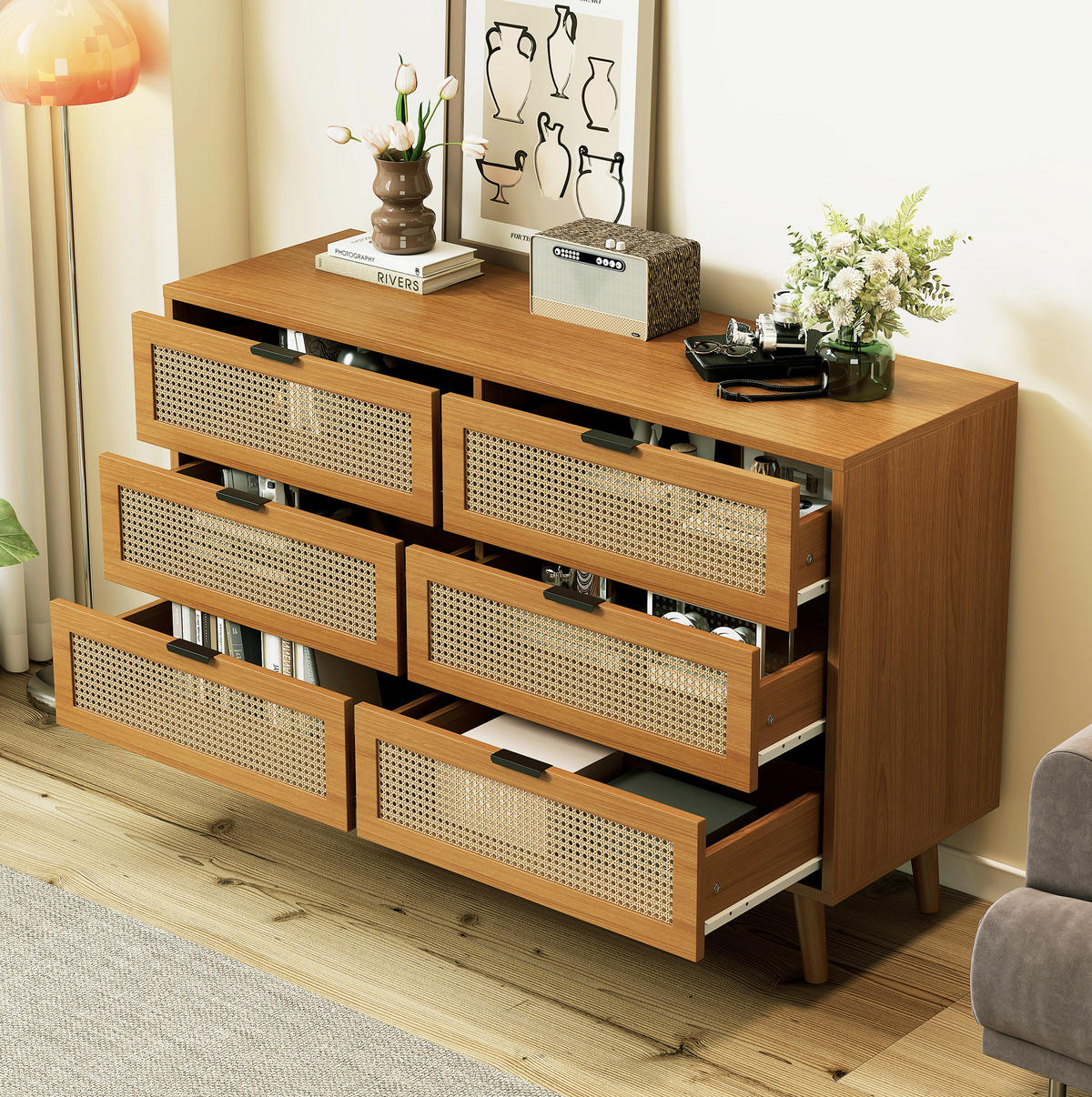 KOMMODE, 6 Schubladen, mit Retro-Rattan-Optik und Metallgriffen, 120x40x76,5 cm, Walnussfarben - Walnussfarben, Holzwerkstoff (40/76.5/120cm) - Modfu