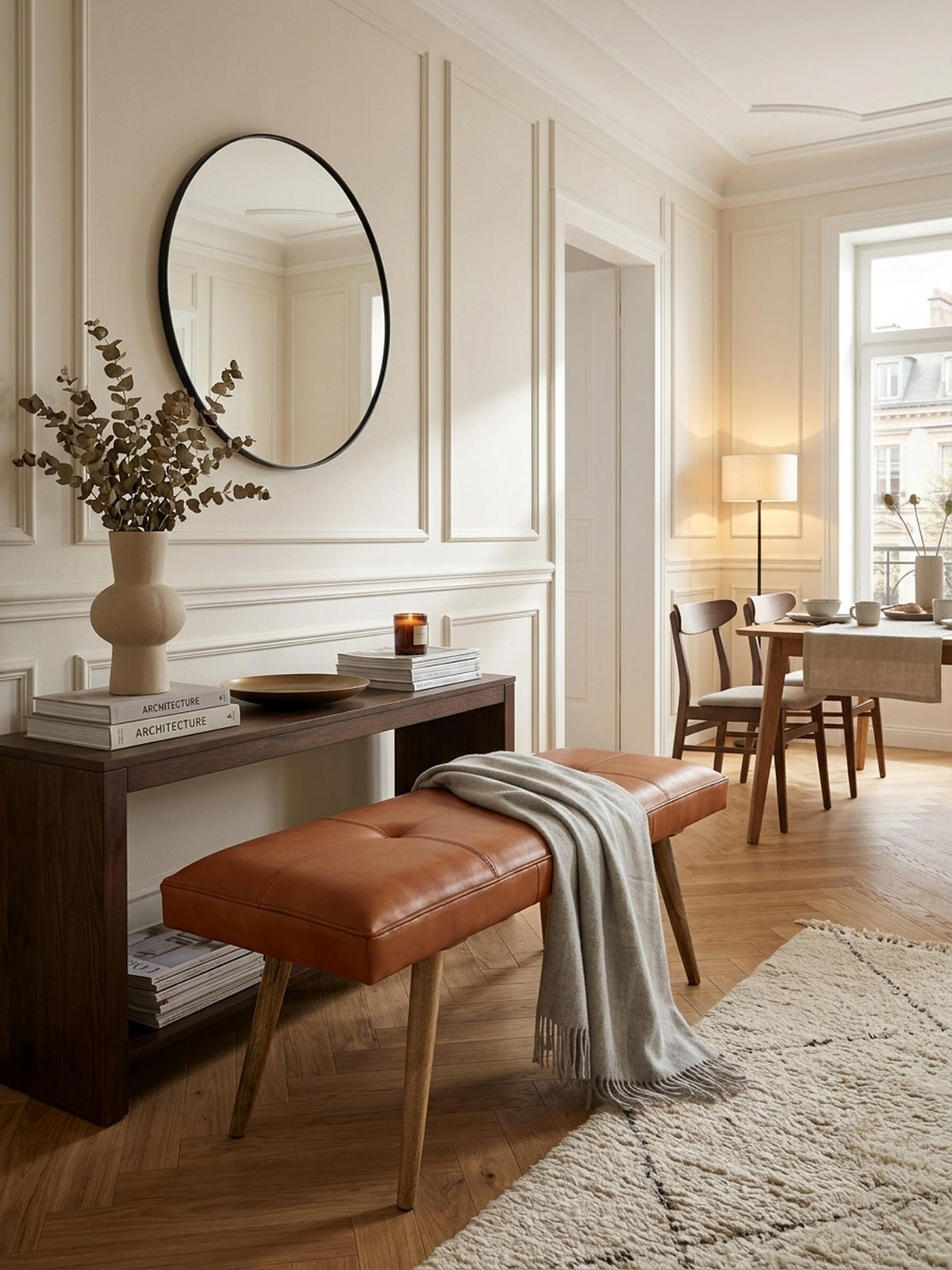 SITZBANK – Ziegenleder/Massivholz, Retro-Stil, 200 kg Belastbarkeit - Braun, Mangoholz/Leder (117/51/38cm) - KADIMA DESIGN