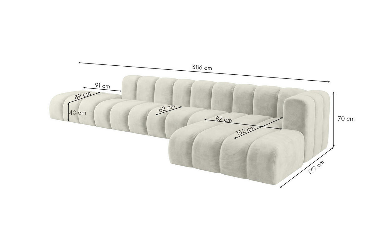 ECKSOFA Modulares In L-Form Mit Hocker, Velvet-Stoff Riviera, Ecru, Rechts, GRAND - Creme, Holz (386/179cm) - Kaiser Möbel