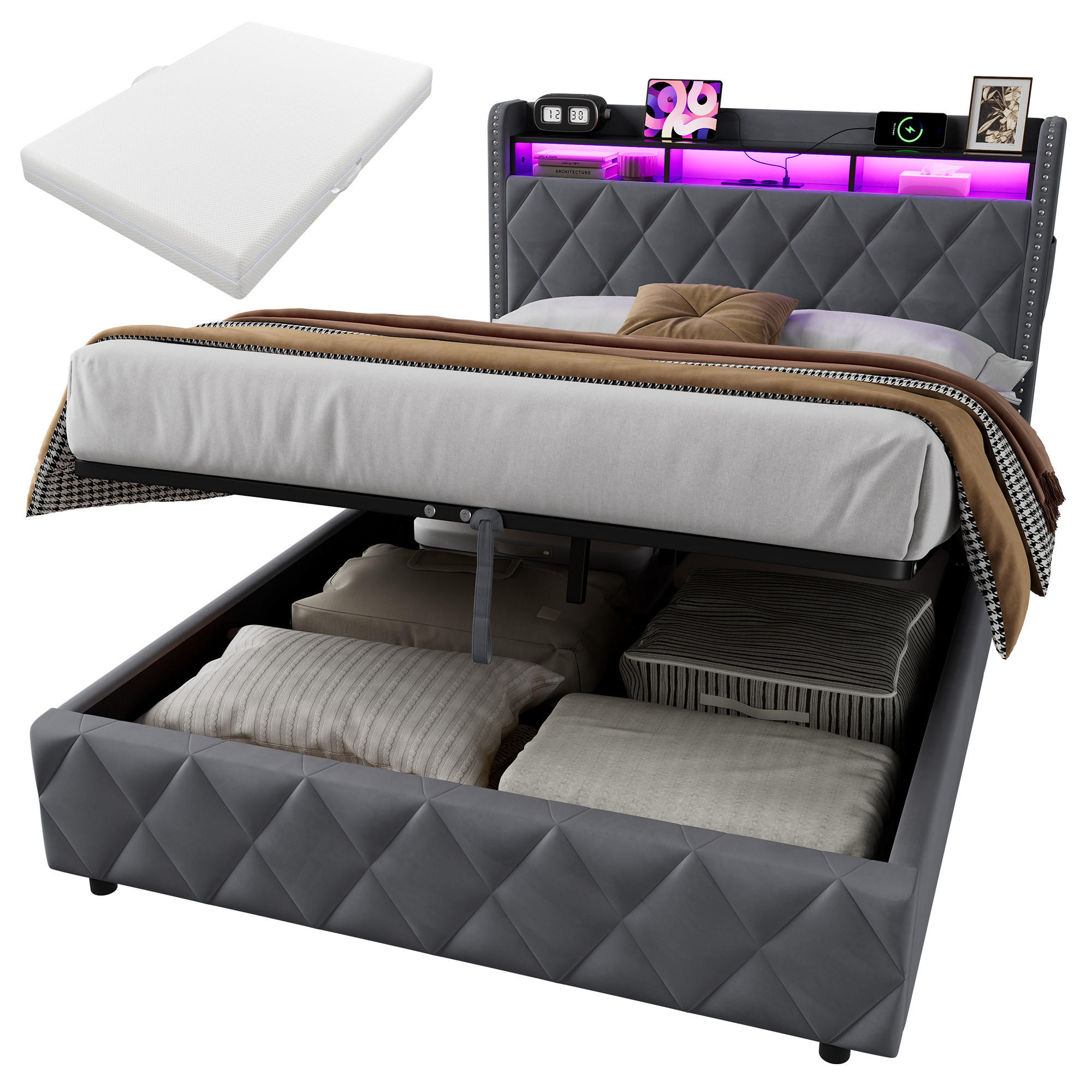POLSTERBETT 140×200 mit LED-Beleuchtung, Bettkasten und Matratze - Grau, Holzwerkstoff/Textil (140/200cm) - EVRYAE