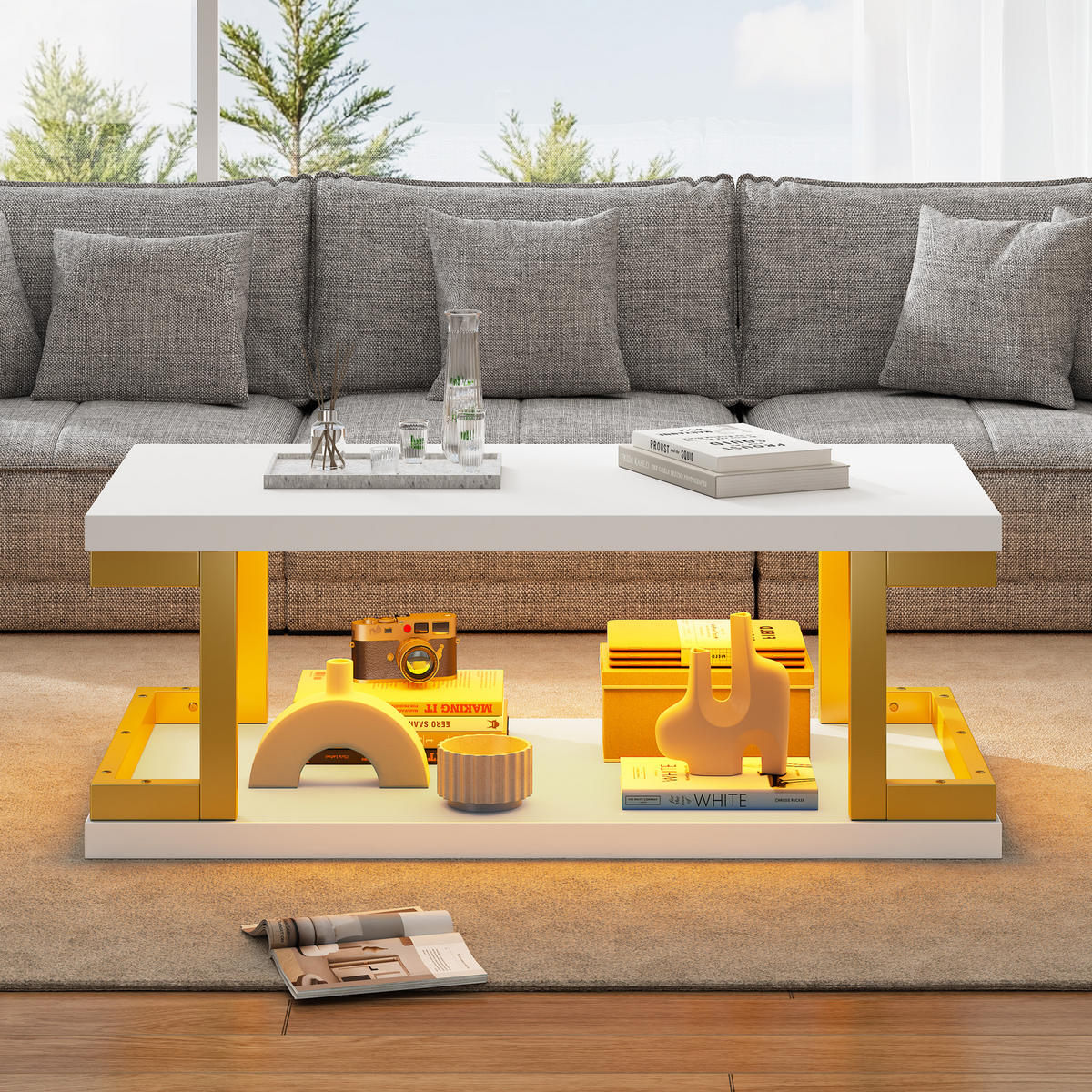 COUCHTISCH in Weiß und Gold mit LED-Beleuchtung für Wohnzimmer und Esszimmer, B100/T50/H37,5 cm - Goldfarben/Weiß, Holzwerkstoff/Metall (50/100/37.5cm) - STILVORA