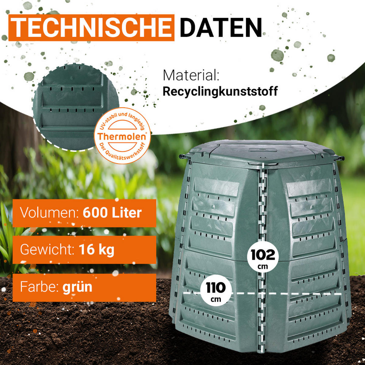 KOMPOSTER 600 L, grün - Grün, Kunststoff (110/102/110cm) - GARANTIA