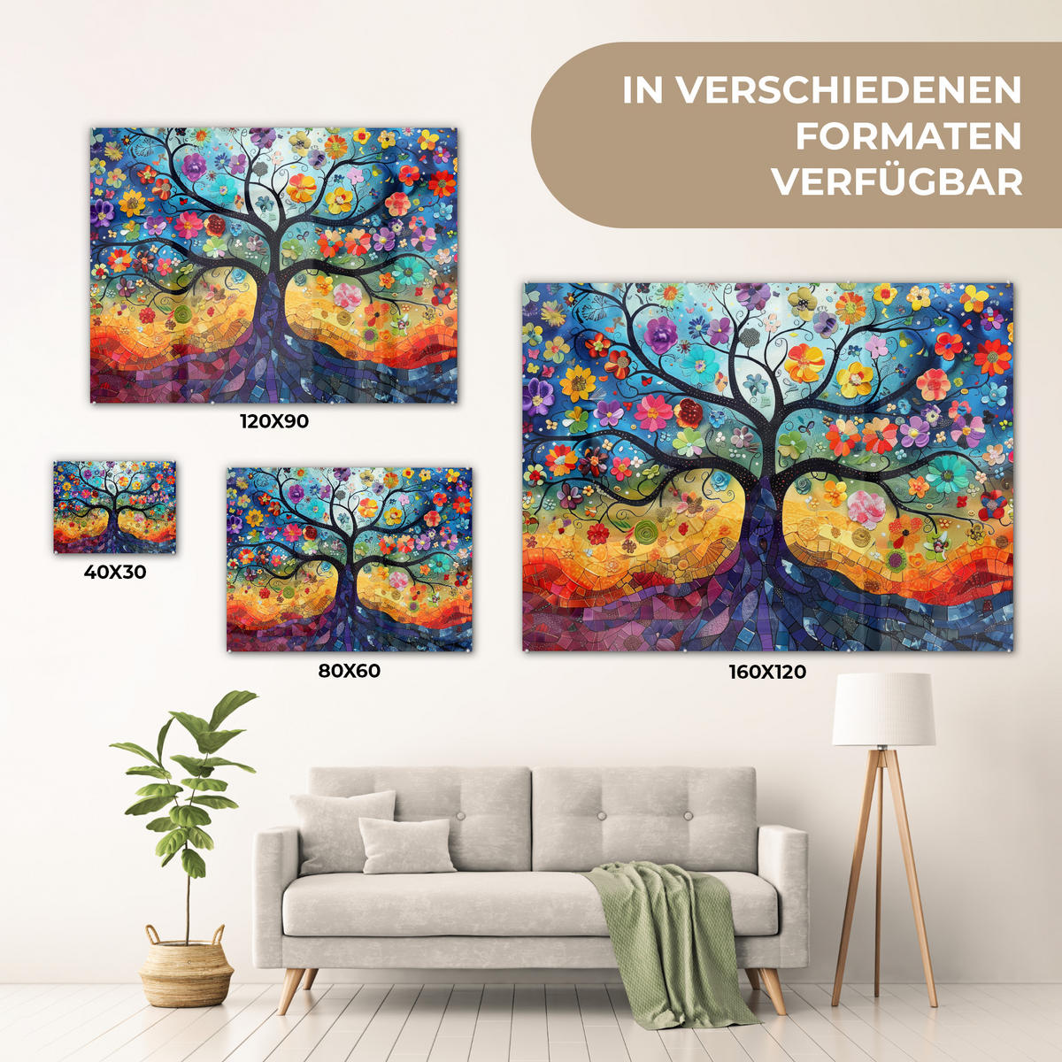 OBRAZ NA AKRYLOVOM SKLE Umenie - Strom života - Kvety - Hippie 80x60 cm - tmavomodrá, sklo (80/60cm) - MuchoWow