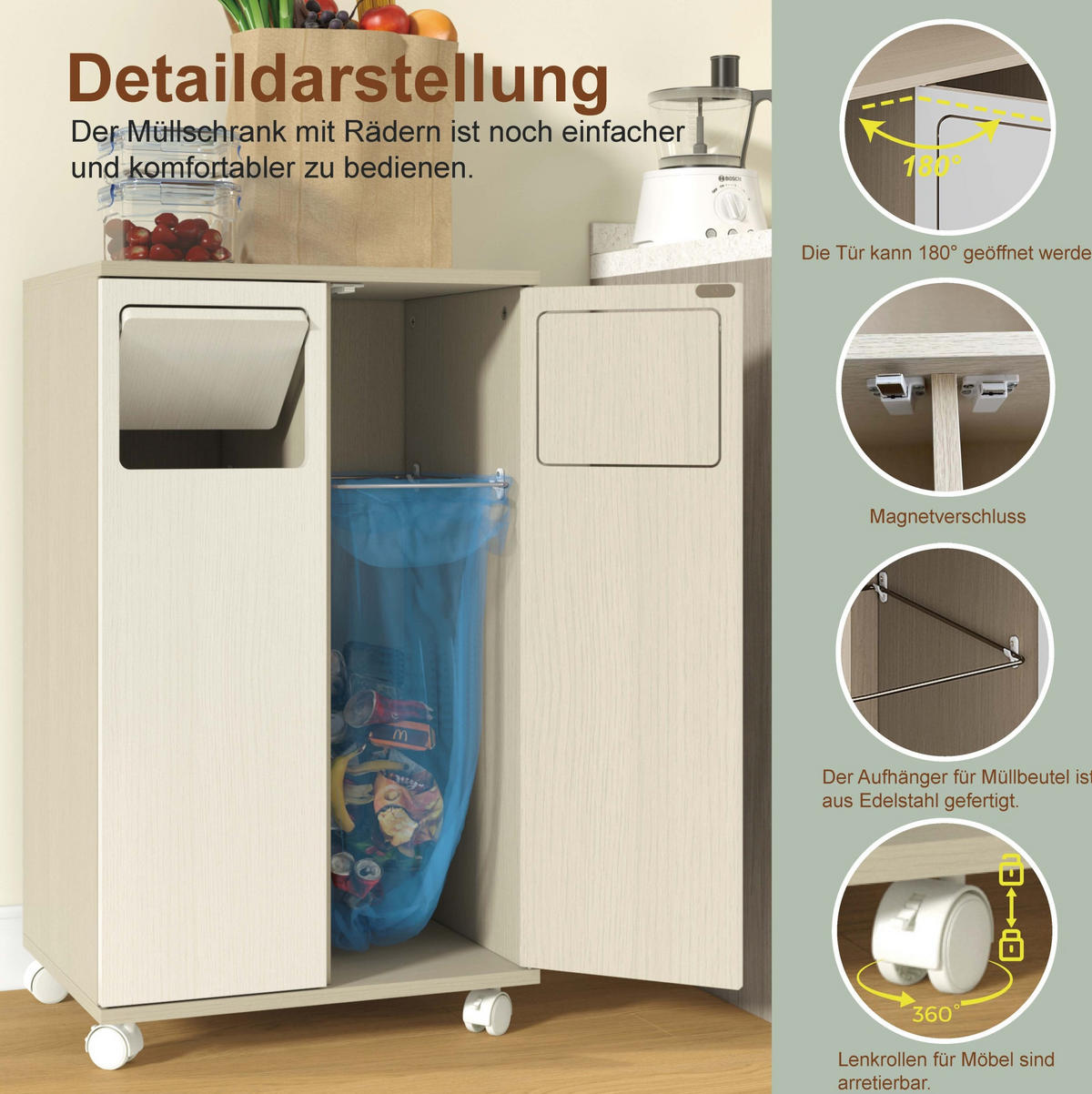 KOMMODE 46,7/35/80 cm mit 2 Fächern, Rollen und 180° Türen aus MDF, Weiß - Weiß, Holzwerkstoff (46/80/35cm) - Redom