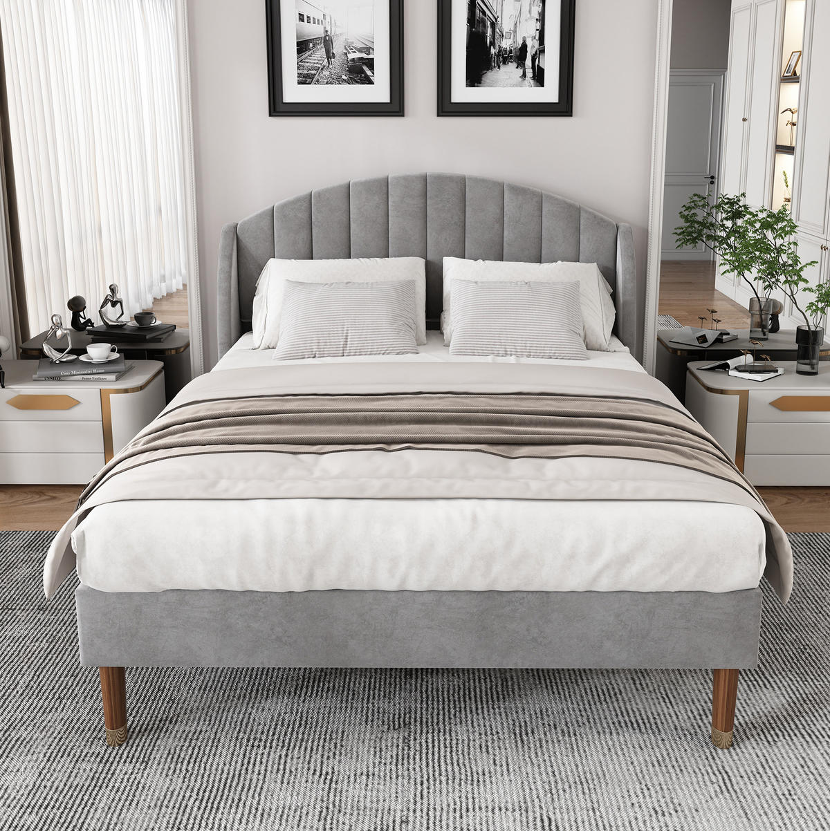 ČALÚNENÁ posteľ 160/200 cm sivá s lamelovým roštom a vysokým čelom zo zamatu - sivá, textil (160/200cm) - OKWISH
