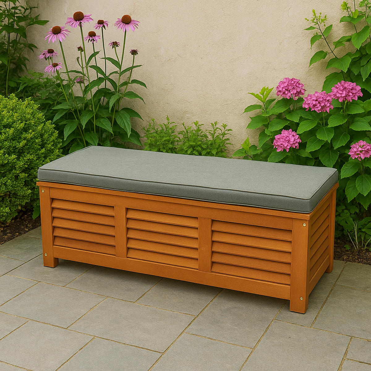 KISSENBOX Cardiff aus Eukalyptusholz, mit Sitzpolster 5cm grau, 128x42x43 cm - Braun, Holz (128/43/42cm) - TPFGarden