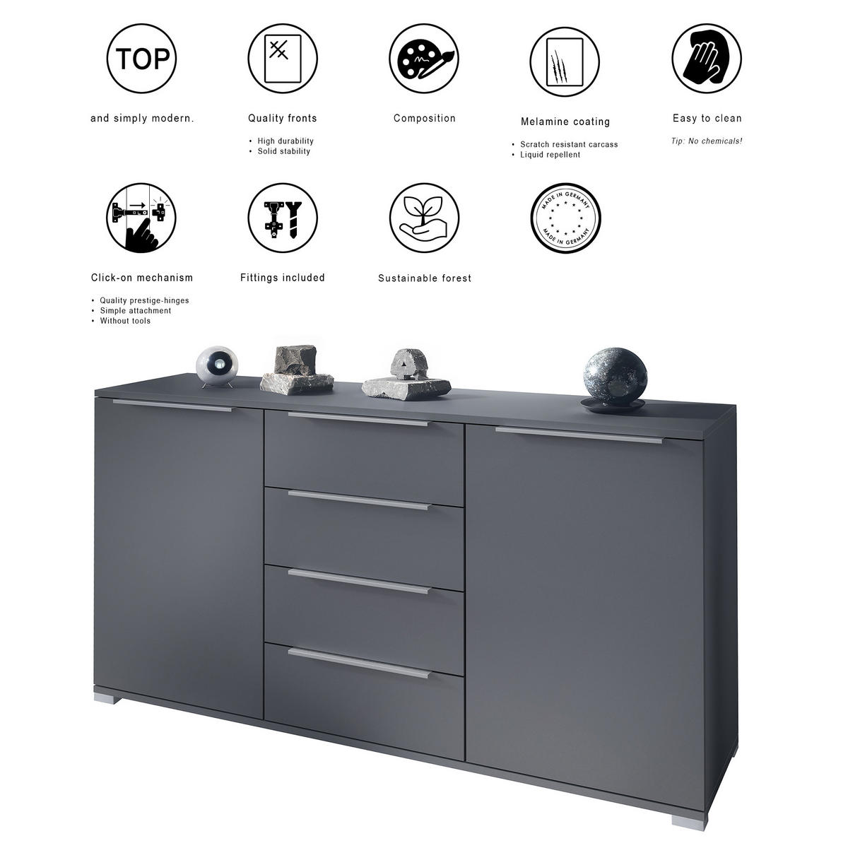 SIDEBOARD Linio Anthrazit matt - Anthrazit, Holzwerkstoff (138.5/75.5/35cm) - Vladon