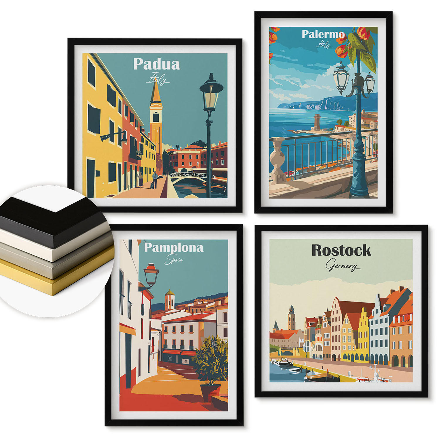 WANDBILDER 4er-Set - 50x50 cm & 40x60 cm Schwarzer Rahmen - Retro-Stadtillustrationen - Schwarz, Kunststoff (50/50cm) - ArtPrintCave