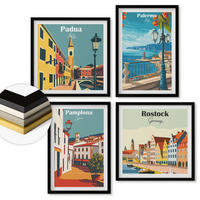 WANDBILDER 4er-Set - 50x50 cm & 40x60 cm Schwarzer Rahmen - Retro-Stadtillustrationen - Schwarz, Kunststoff (50/50cm) - ArtPrintCave