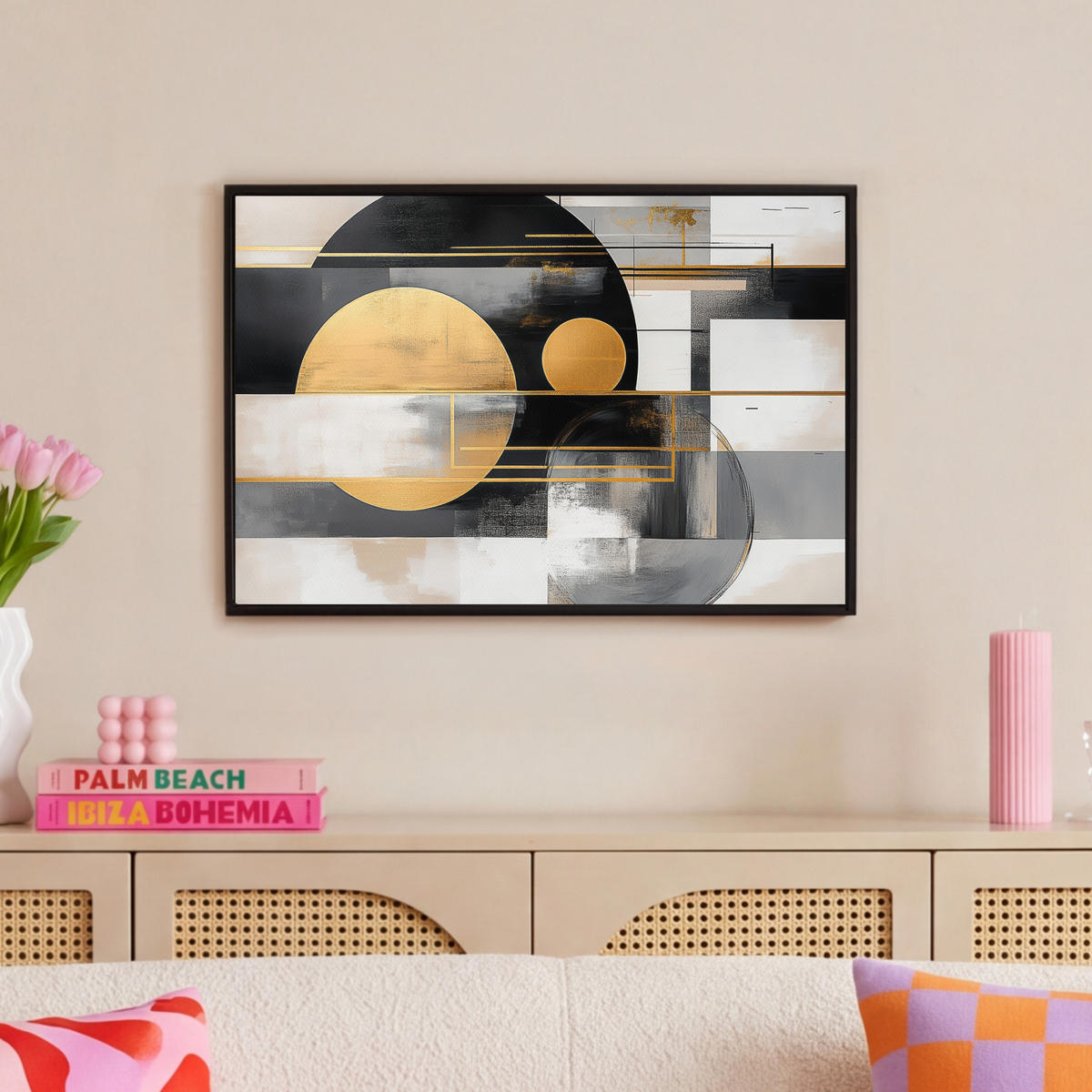 LEINWAND Bilder mit Rahmen - Abstrakt - Gold - Silber - Formen - Ästhetisch - Modern - 60x40 - Goldfarben, Textil (60/40cm) - MuchoWow