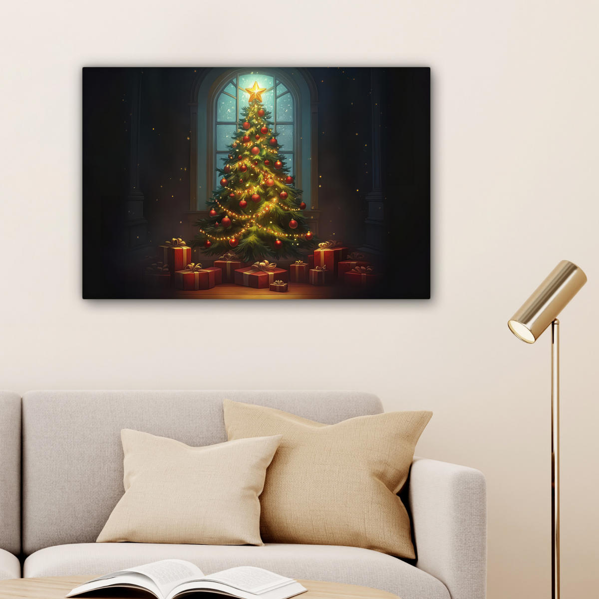 LEINWANDBILD Weihnachtsbaum - Geschenk - Winter Gemälde 60x40 cm - Grün, Textil (60/40cm) - MuchoWow