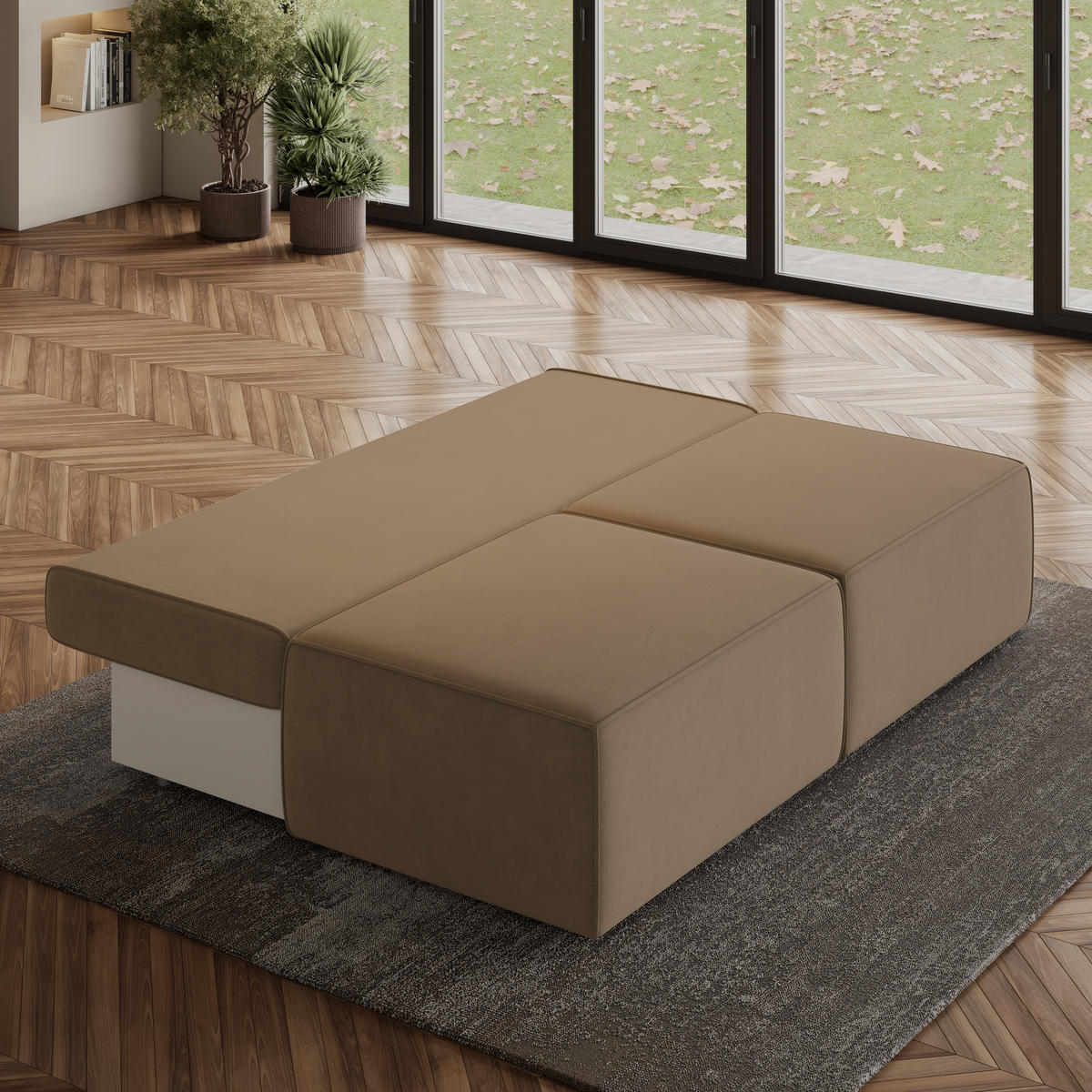 ECKSOFA VARNA M Beige Velours-Stoff mit Schlaffunktion - Beige, Holz (196/158cm) - MASSENO