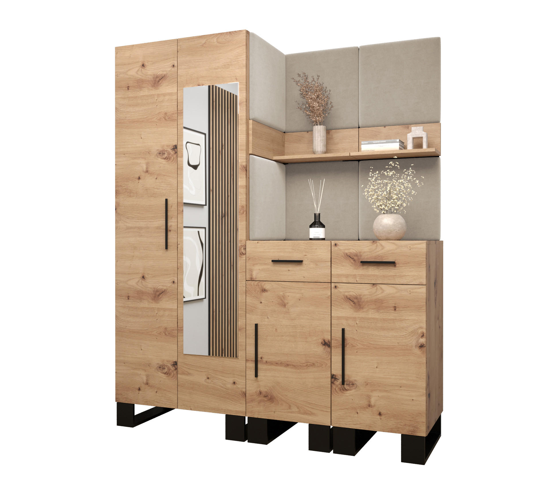 Abiks Möbel Garderoben-Set Eiche Artisan, Creme 158x196x45.6 cm