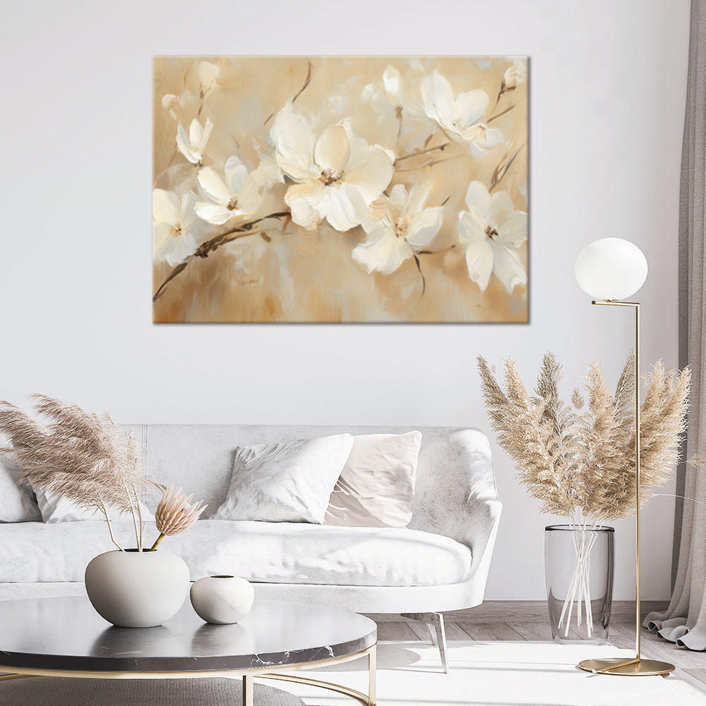 LEINWANDBILD Weiße Blumen auf beigem Hintergrund 100x70cm - Beige, Textil (100/70cm) - Feeby