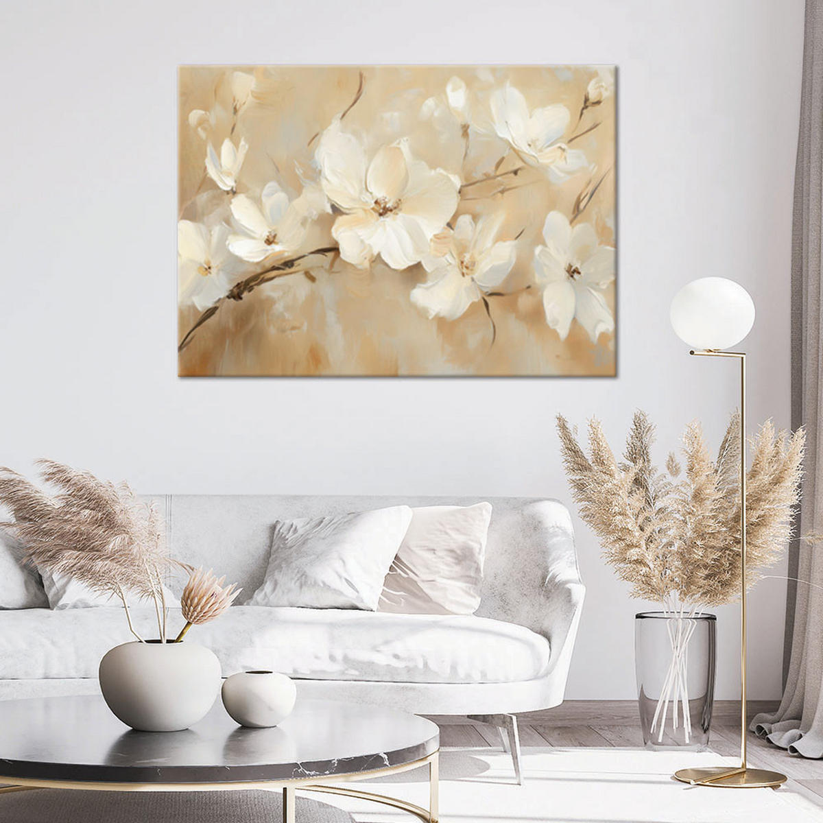 LEINWANDBILD Weiße Blumen auf beigem Hintergrund 60x40cm - Beige, Textil (60/40cm) - Feeby