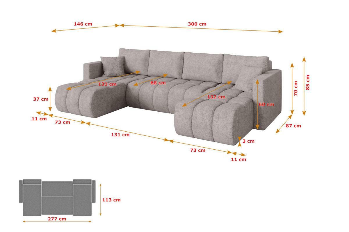 SEDACÍ SOUPRAVA DO U s funkcí spaní a úložným prostorem GARD-U 300x146x85 světle šedá velur - černá/světle šedá, kompozitní dřevo/textil (300/85/146cm) - ALTDECOR