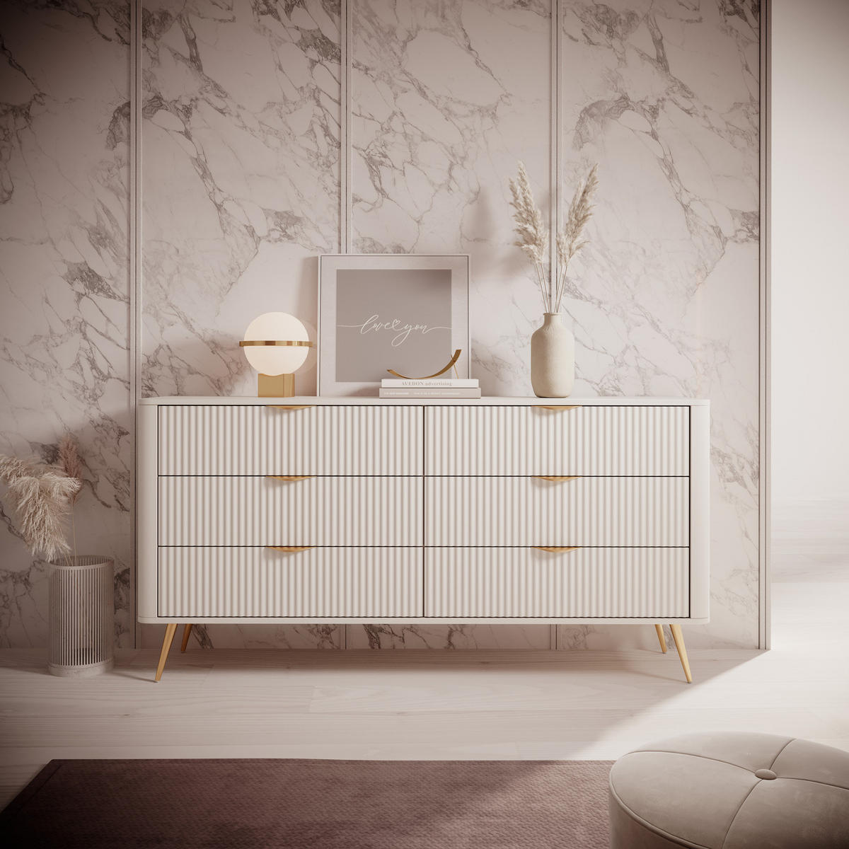 SIDEBOARD Flore 163 cm Beige / Gold - mit 6 Schubladen und Riffel-Optik - Beige/Gelb, Holz/Holzwerkstoff (163/81/38cm) - Ravio