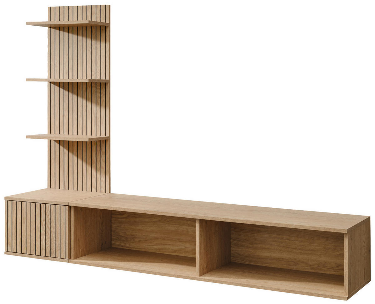 TV-LOWBOARD Cremona Eiche Leistenoptik 180 cm hängend, TV Unterschrank Set mit Paneel und Regal - Eichefarben, Holzwerkstoff (180/130/40cm) - Inn.Furn