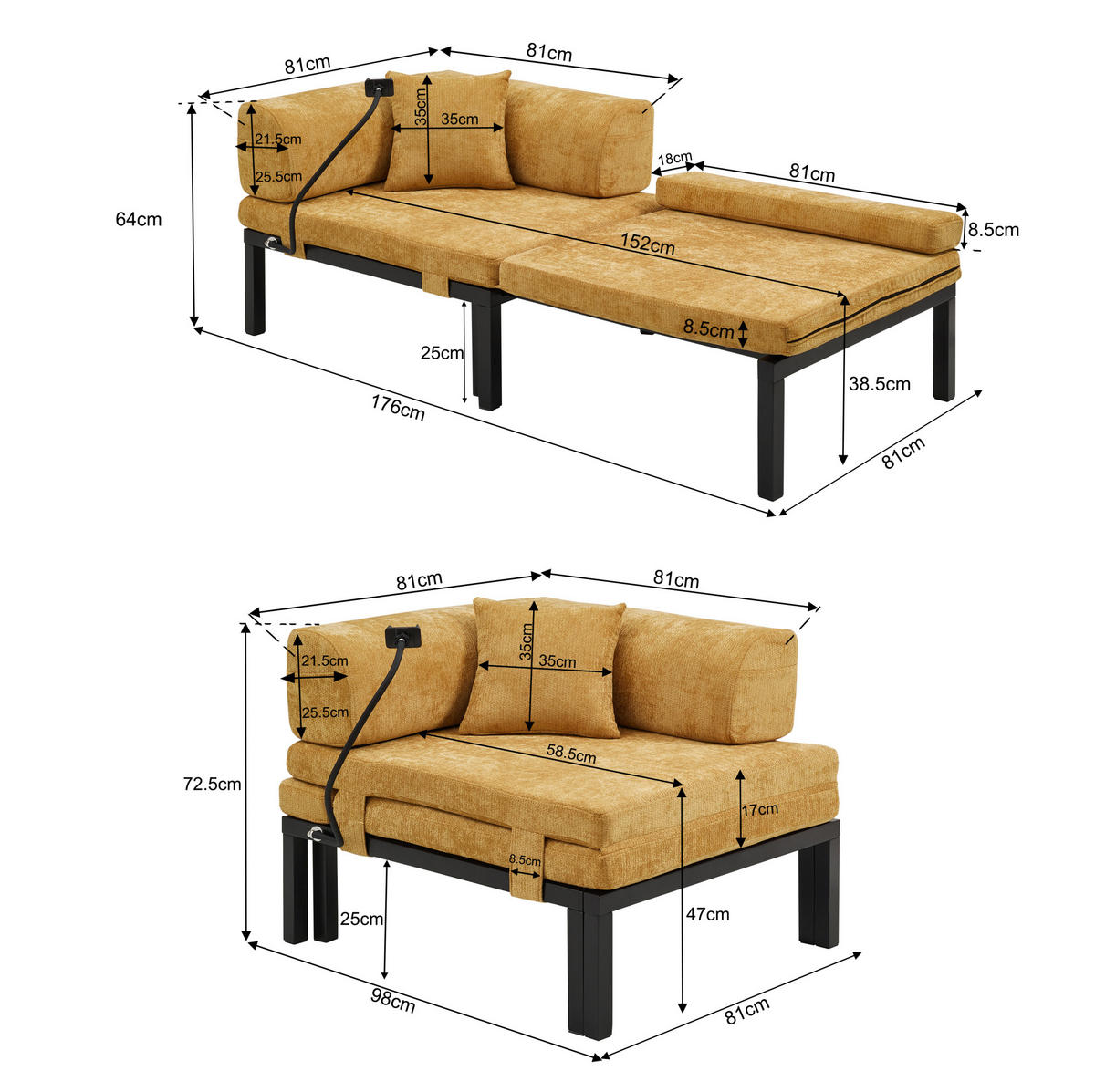 SCHLAFSOFA aus Samt in Gelb mit Ausziehbettfunktion - Gelb, Textil (176/64/81cm) - Modfu