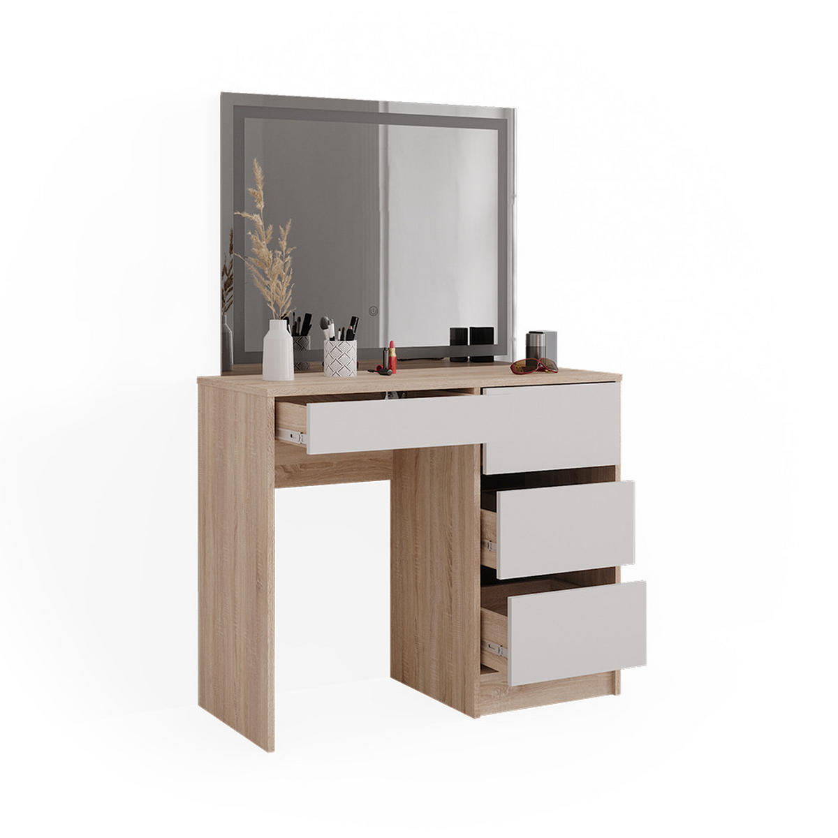 SCHMINKTISCH Sherry Sonoma 90 cm mit LED-Spiegel - Weiß/Sonoma Eiche, Holzwerkstoff (90/75/40cm) - Vicco