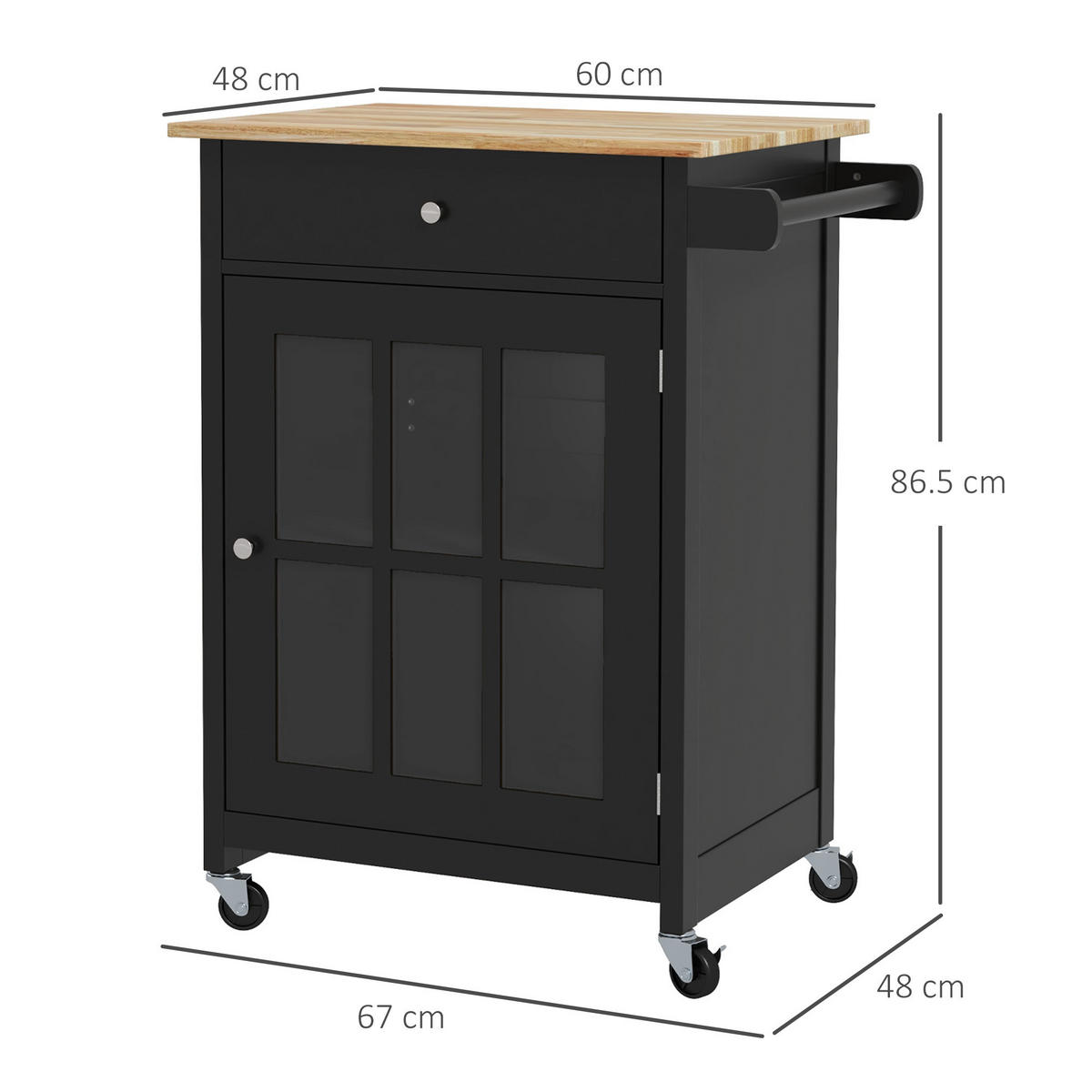 KÜCHENWAGEN, Wagen mit Schublade und Handtuchhalter, 67 x 48 x 86,5 cm, Schwarz Eiche - Multicolor, Metall (67/86.5/48cm) - FORIOUS