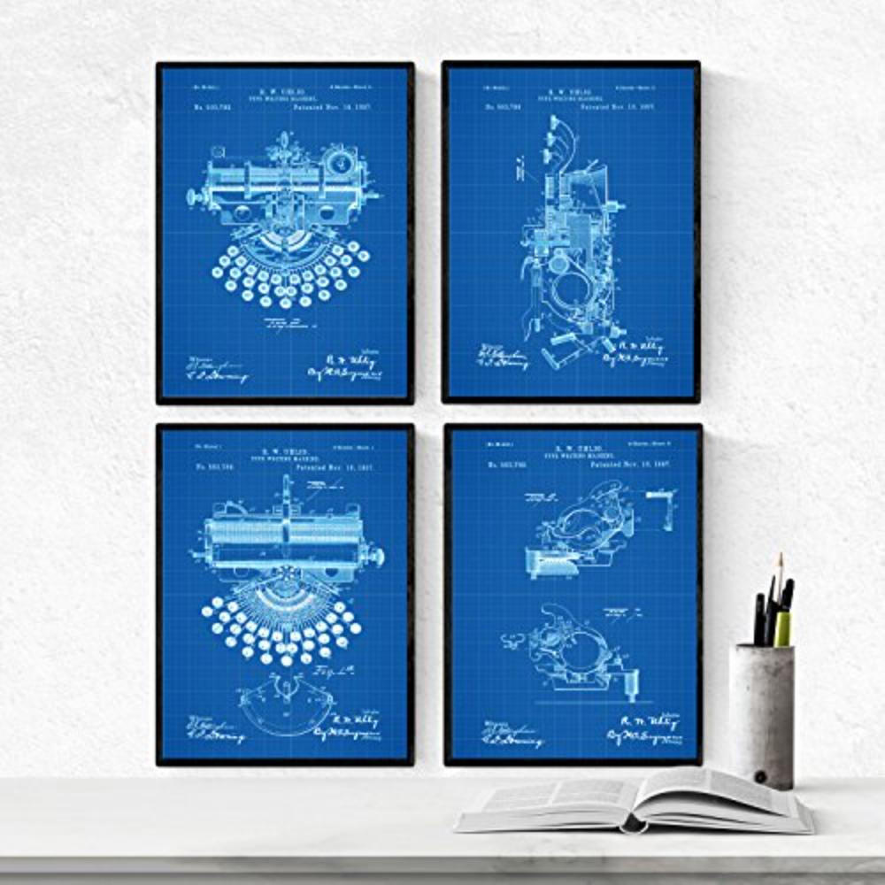 POSTER Set mit 4 Blau PATENTEN Schreibmaschinen A4 Rahmenlos - Klar, Papier (29.7/3cm) - Nacnic
