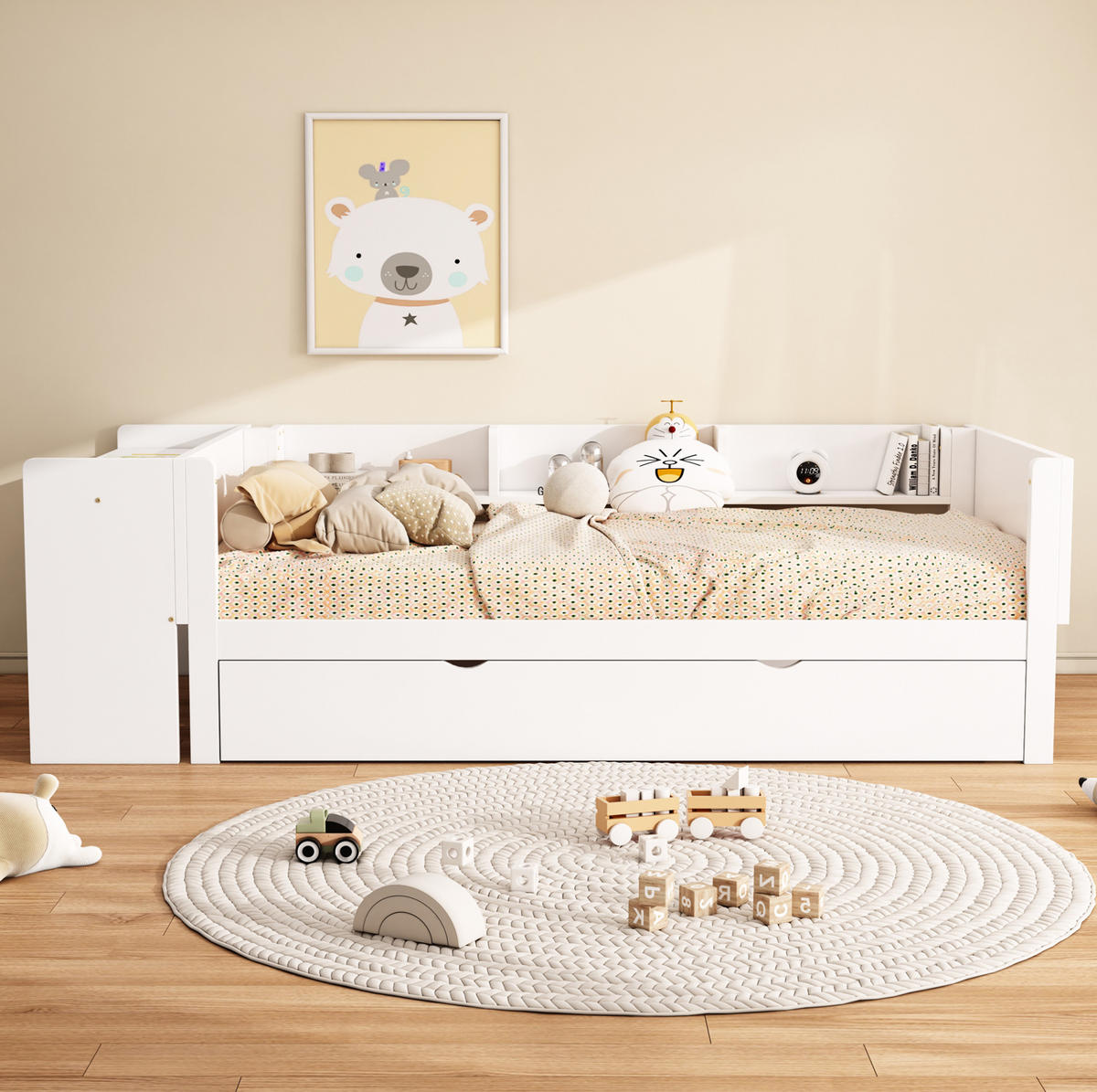 KINDERBETT 90/200 cm aus Kiefer und MDF mit Ausziehbett, Schreibtisch und 3 Seitenregalen Weiß - Weiß, Holzwerkstoff (90/200cm) - Modenvie