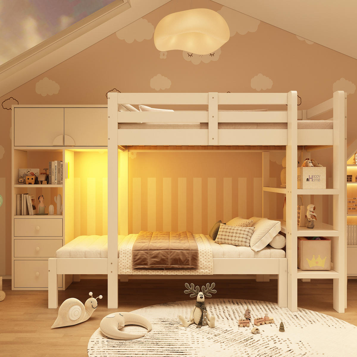 ETAGENBETT aus Massivholz und MDF 90x200 cm Weiß mit Schrank, Regalen und Schubladen - Weiß, Metall (90/200cm) - IVMEU