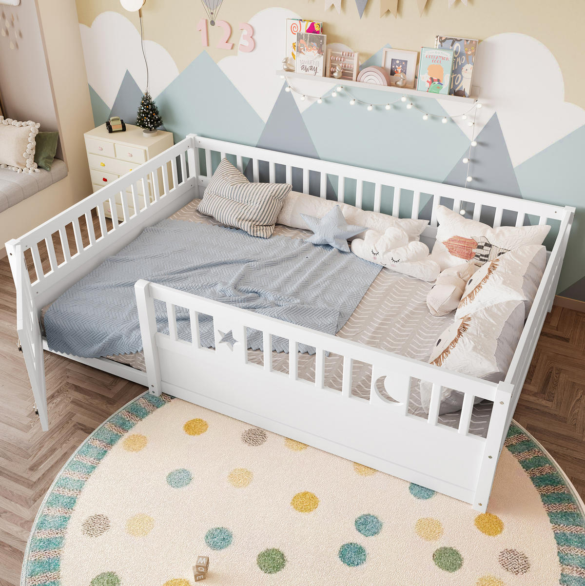 KINDERBETT 140/190 cm, Weiß mit Gitter und Stern- und Monddekor ohne Matratze - Weiß, Holz (140/190cm) - MIVRAY
