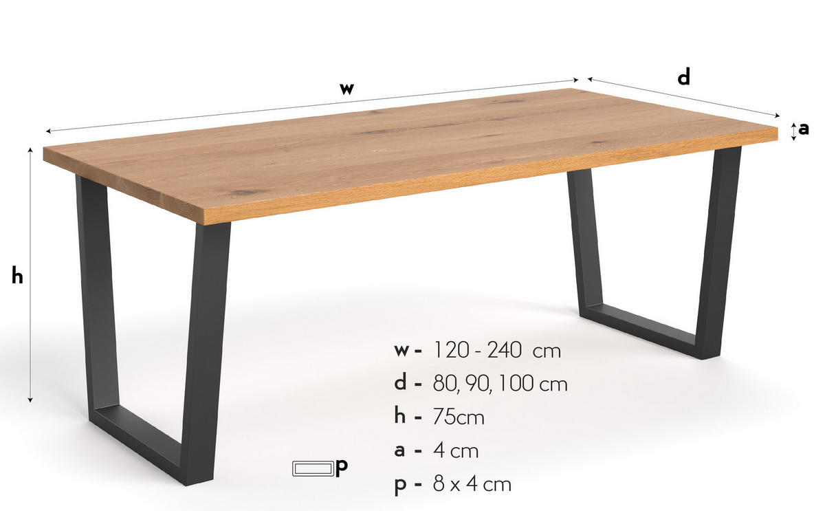ESSTISCH Erant aus massivem Eichenholz 200x100 cm - Eichefarben/Schwarz, Holz/Metall (200/100/75cm) - Danzz