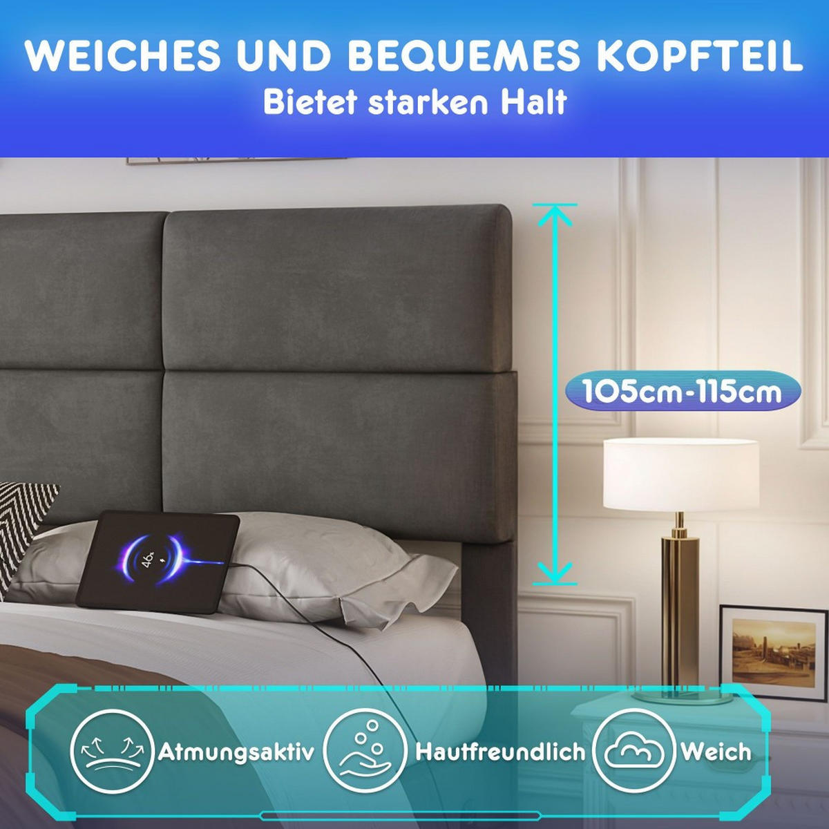 BOXBETT 140/200 mit Bettkasten, LED, USB/Typ C-Ladeanschluss,Samt,Grau - Grau, Holz (140/200cm) - LVHOM
