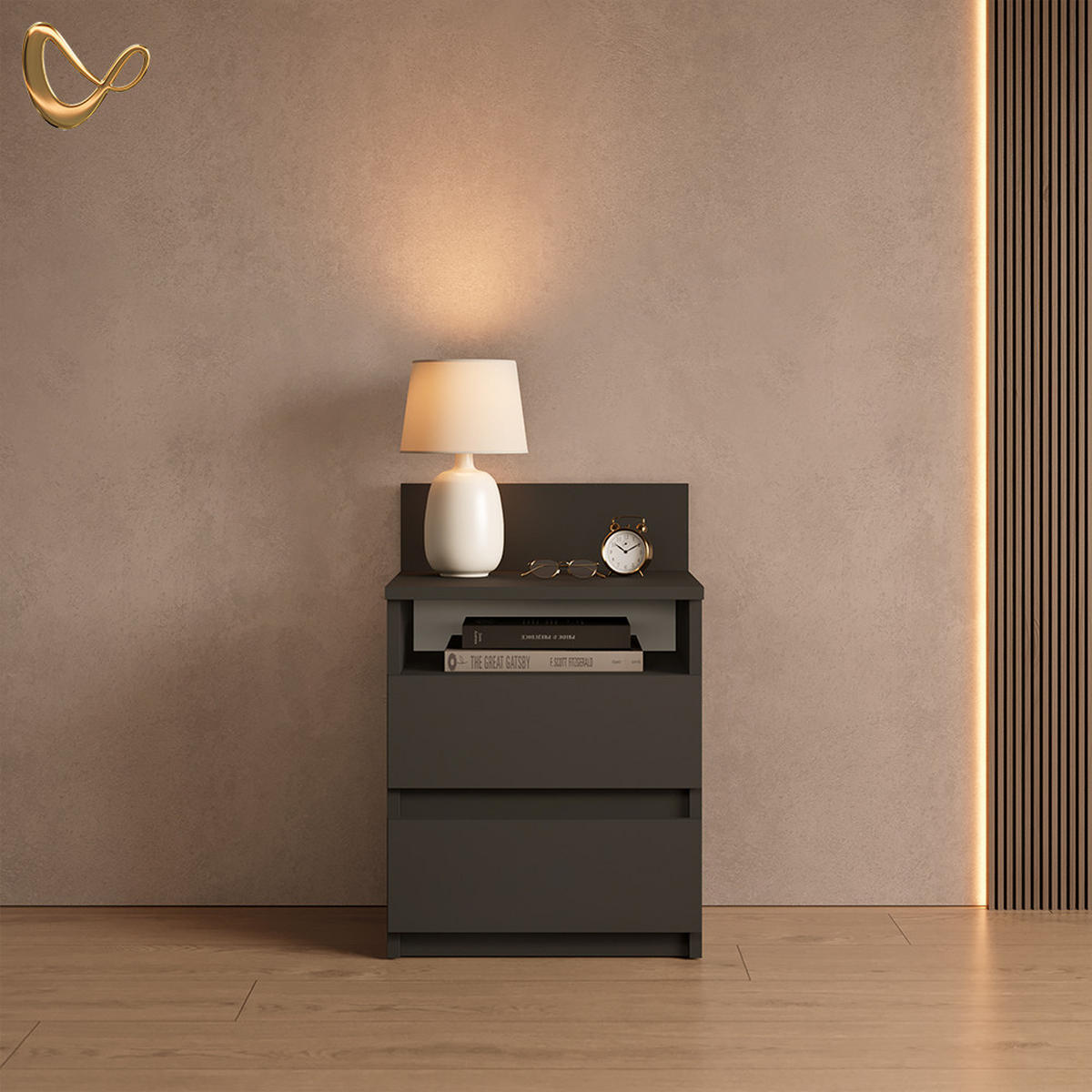 NACHTTISCH Roya, Schwarz, 39.6 x 59.1 cm - Schwarz, Holzwerkstoff (39.6/59.1/32.3cm) - Livinity®
