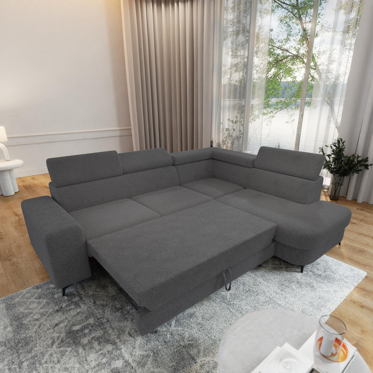 ECKSOFA ALVORO R-S Grau Boucle-Stoff mit Schlaffunktion - Grau, Holz (253/190cm) - MASSENO