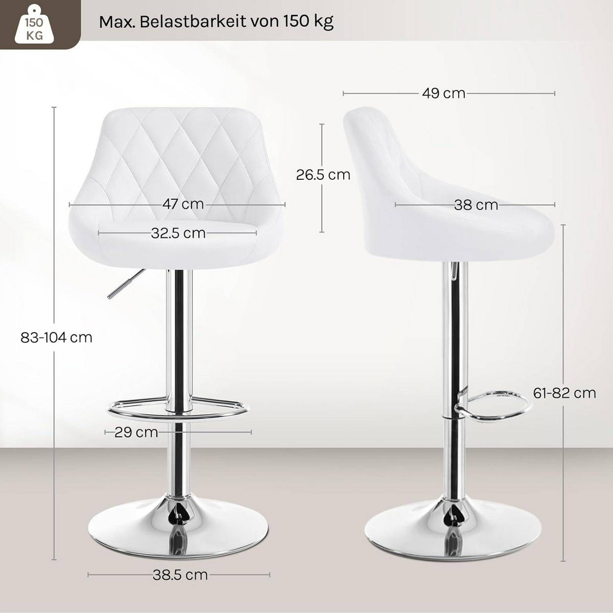 BARHOCKER, Kunstleder, Höhenverstellbar, 360° Drehbar - Weiß, Metall (47/104/39cm) - Woltu