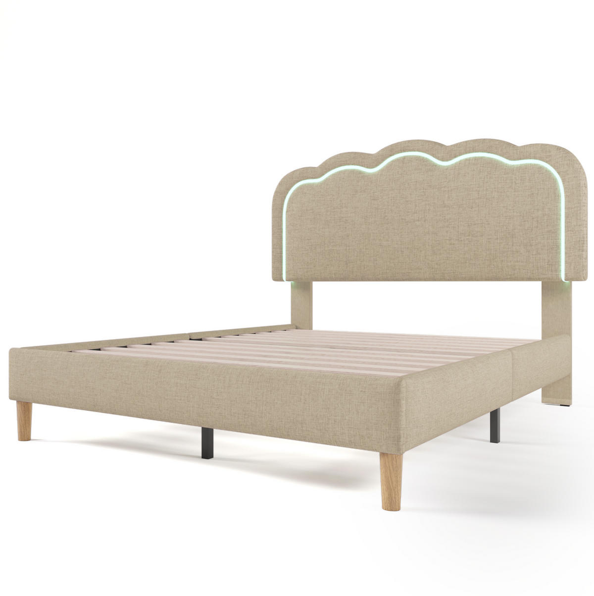 POLSTERBETT 140/200 cm aus Leinen mit LED-Kopfteil Beige - Beige, Textil (140/200cm) - Modenvie