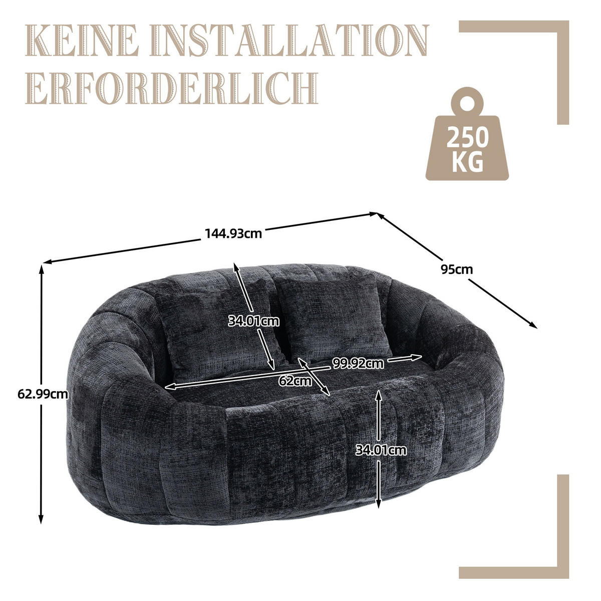 SITZSACK Chenille, Sofa mit 3 extra Kopfkissen,Schwarz - Schwarz, Textil (145/63/95cm) - LVHOM