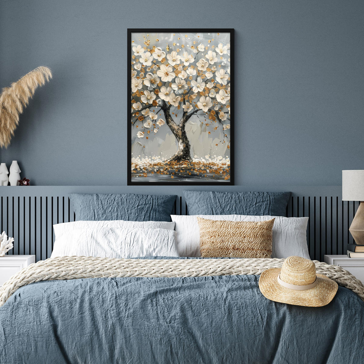 POSTER MIT RAHMEN Baum - Blumen - Weiß - Natur - Kunst 60x90 cm - Weiß, Papier (60/90cm) - MuchoWow