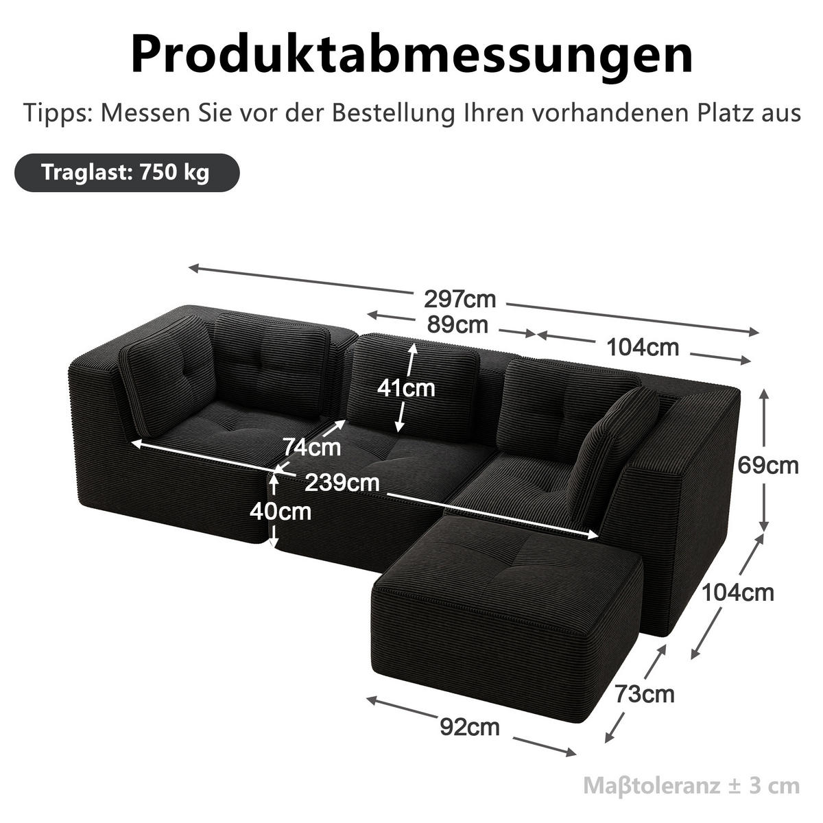 ECKSOFA 297/177/69 cm Schwarz Cord mit 1 Fußhocker - Schwarz, Textil (297/177cm) - Oxeza