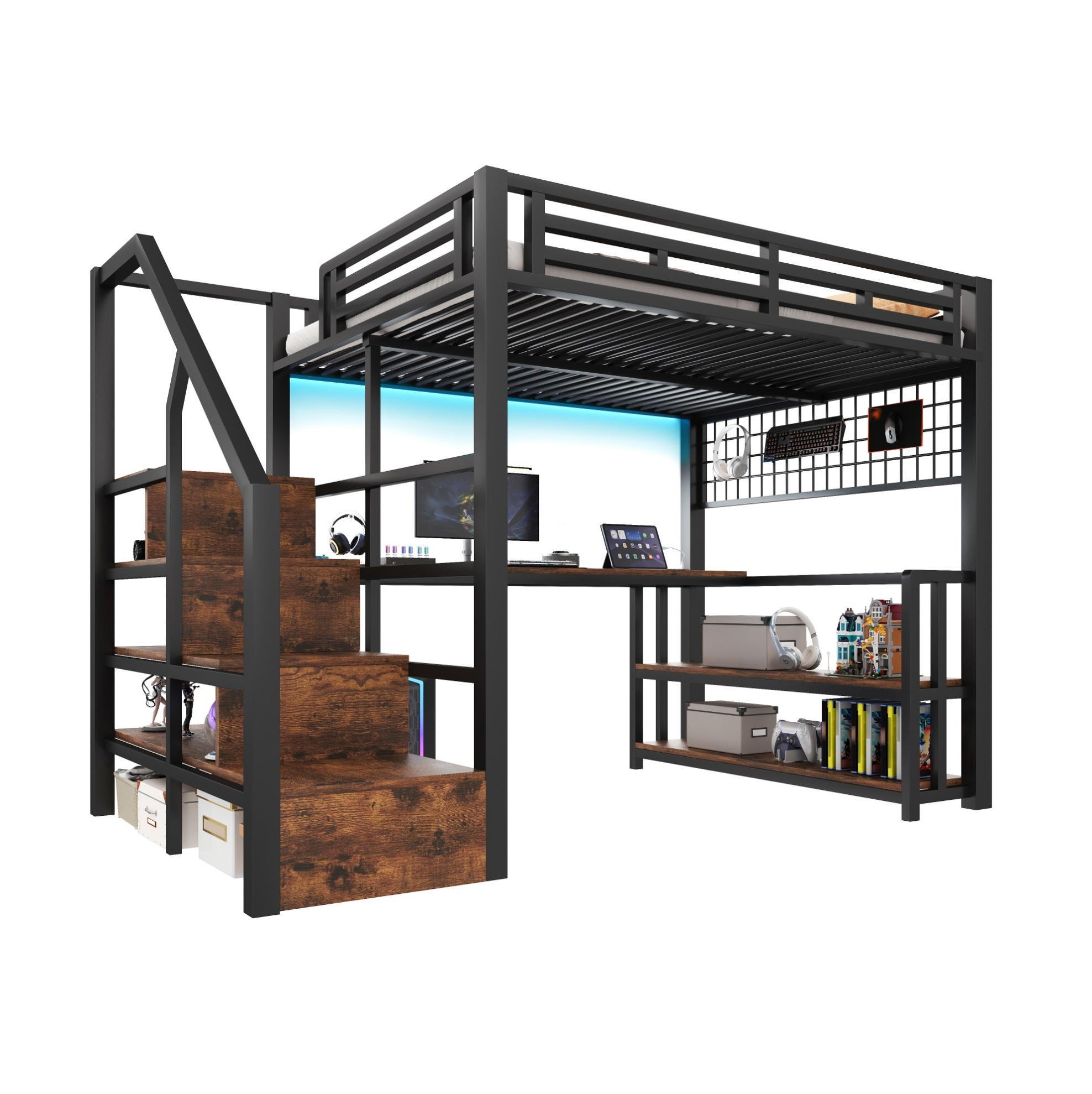 HOCHBETT 140/200 cm in Schwarz – mit Schreibtisch, Stauraumtreppe und LED - Schwarz, Metall (140/200cm) - BEAOK