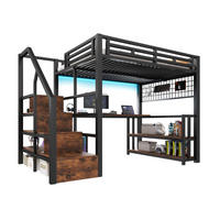 HOCHBETT 140/200 cm in Schwarz – mit Schreibtisch, Stauraumtreppe und LED - Schwarz, Metall (140/200cm) - BEAOK