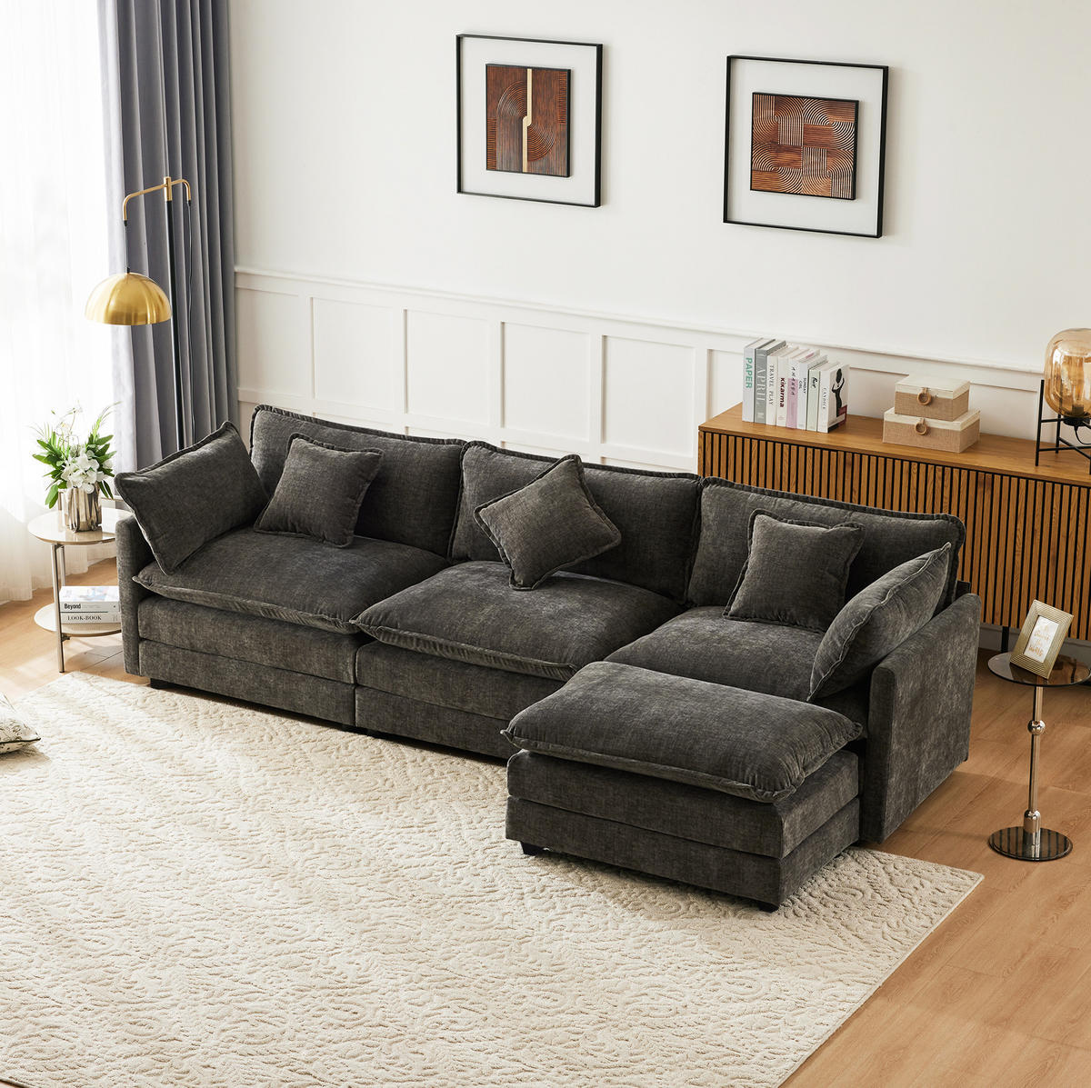 ECKSOFA 283/147/84 cm dunkelgrau aus Chenille mit Hocker - Dunkelgrau, Textil (147/84/283cm) - OKWISH