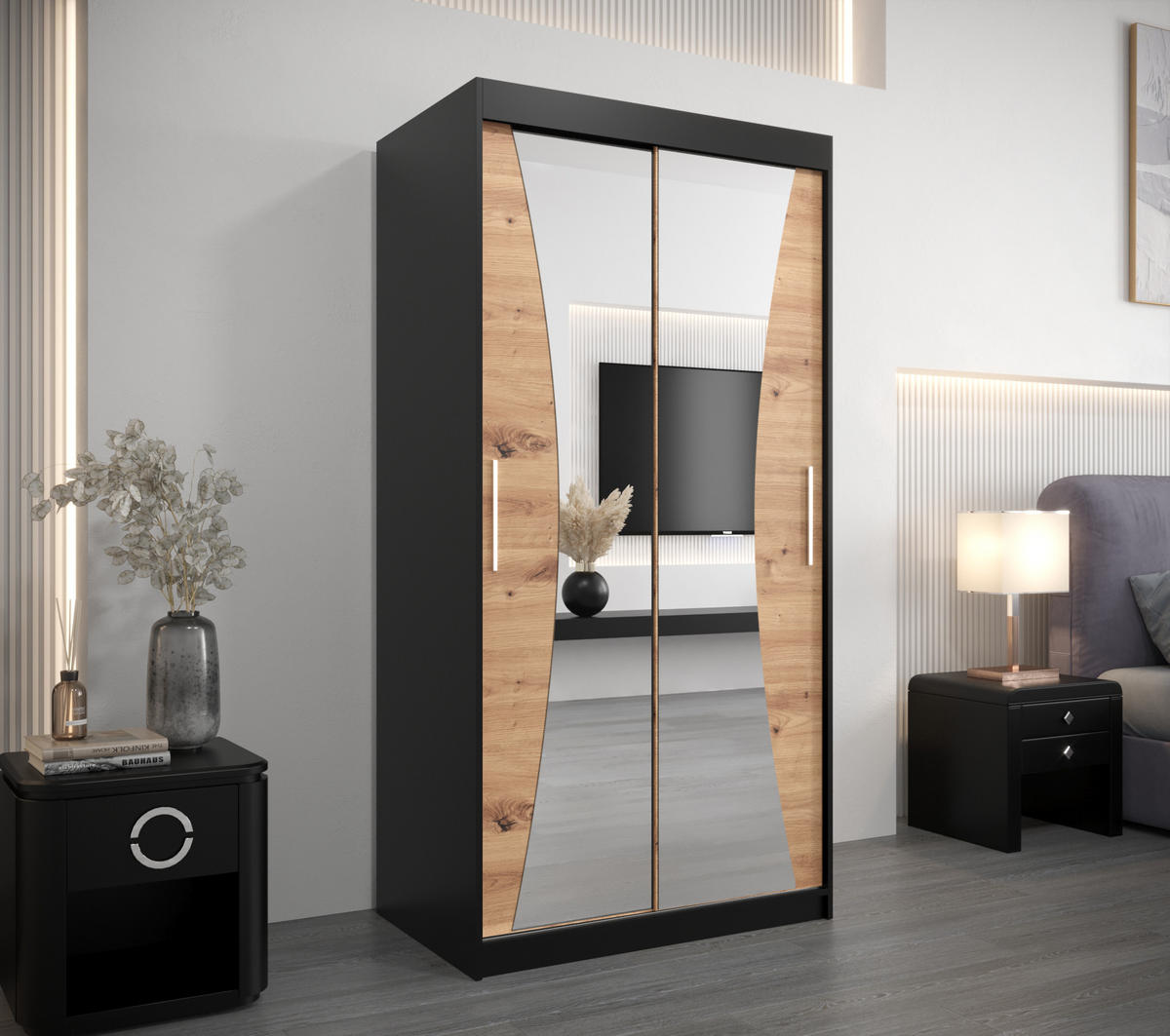 SCHWEBETÜRENSCHRANK 200/100/62 2-türig - Silberfarben/Schwarz, Holz/Kunststoff (100/200/62cm) - Abiks Möbel