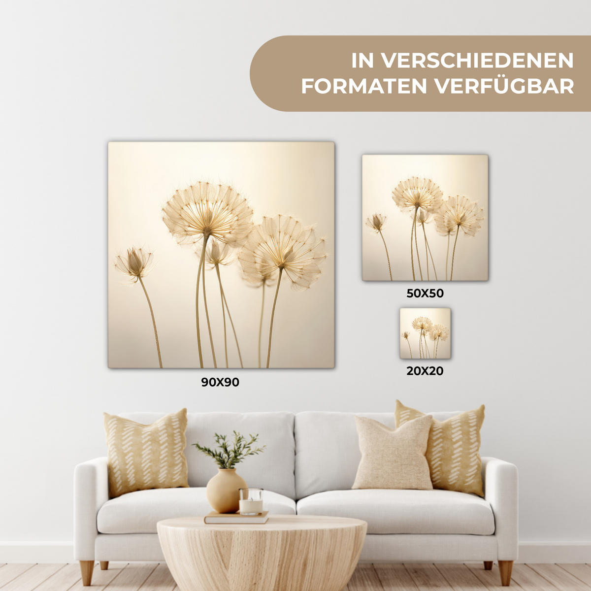 LEINWANDBILD Sonnenlicht - Löwenzahn - Botanisch - Blumen 90x90 cm - Creme, Textil (90/90cm) - MuchoWow