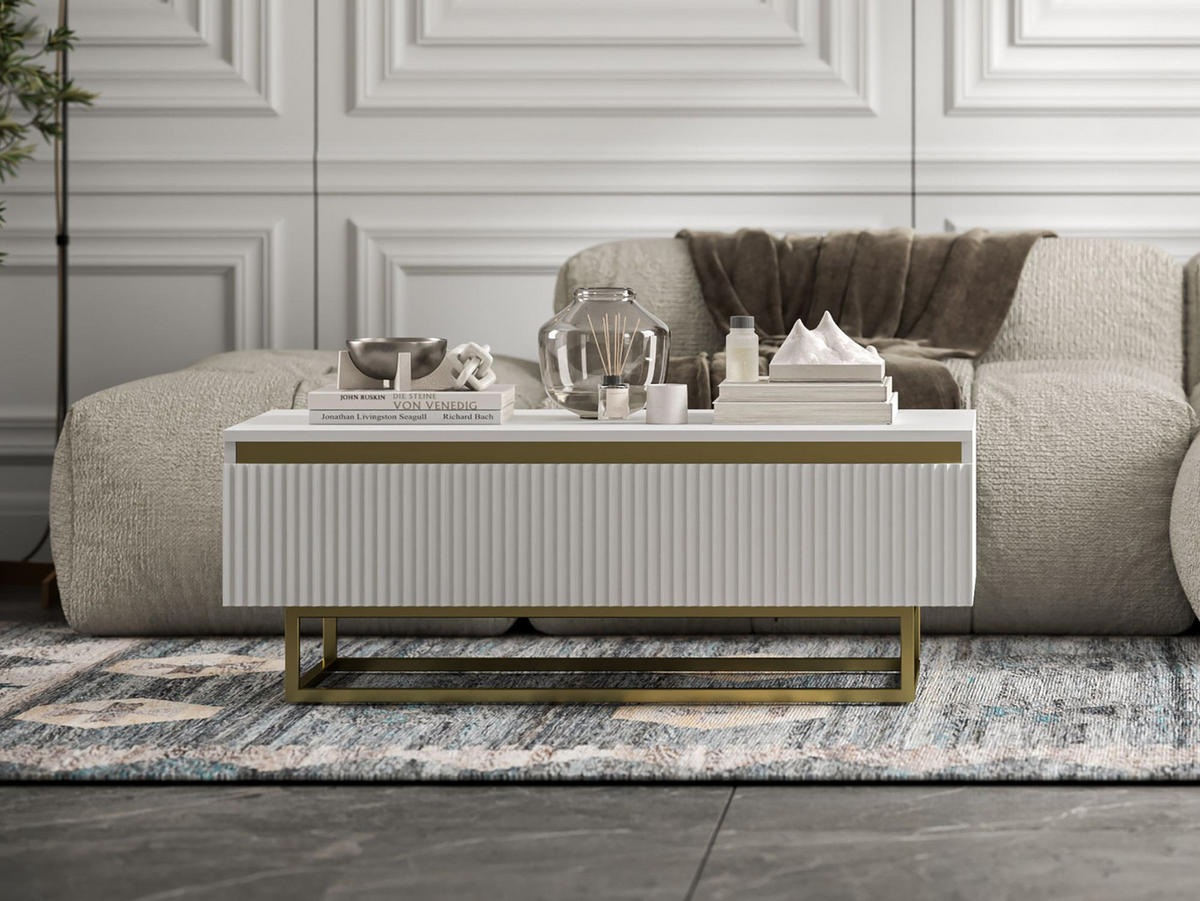 COUCHTISCH Selene Weiß matt 109 cm mit Metallrahmen - Goldfarben/Weiß, Holzwerkstoff/Metall (50/109/39cm) - Meble Lindner