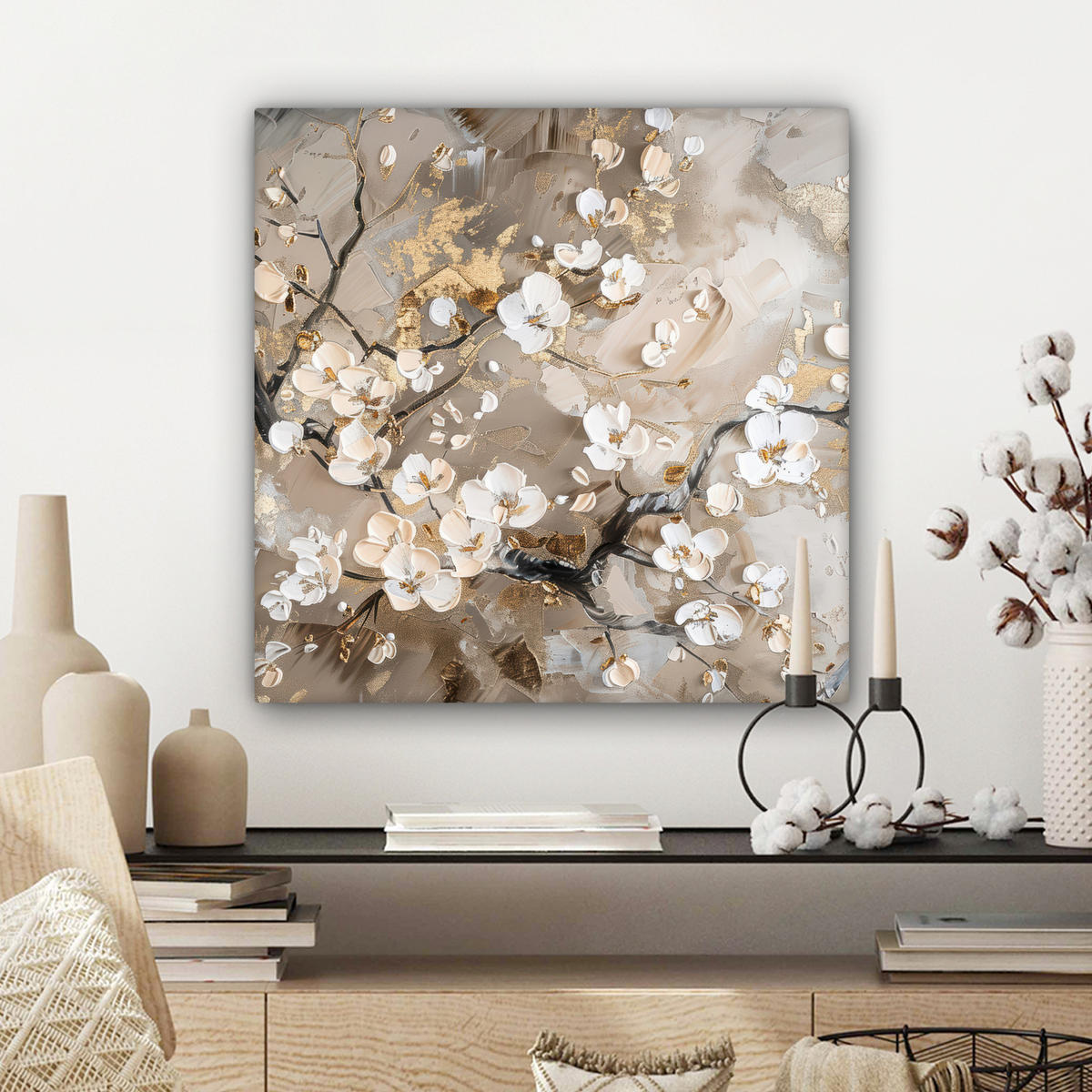LEINWANDBILD - Blumen - Weiß - Gold - Beige - Luxus - 50x50 - Room Decor - Greige, Textil (50/50cm) - MuchoWow